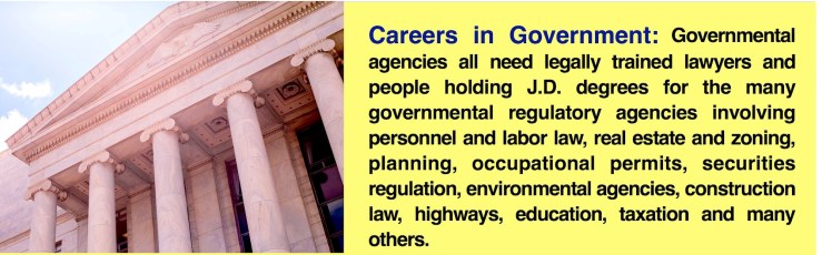 What you can do with a law degree from Blue Marble University Online Law School: Governmental agencies all need legally trained lawyers and people holding J.D. degrees for the many governmental regulatory agencies involving personnel and labor law, real estate and zoning, planning, occupational permits, securities regulation, environmental agencies, construction law, highways, education, taxation and many others