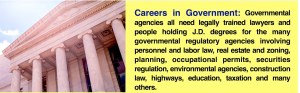 What you can do with a law degree from Blue Marble University Online Law School: Governmental agencies all need legally trained lawyers and people holding J.D. degrees for the many governmental regulatory agencies involving personnel and labor law, real estate and zoning, planning, occupational permits, securities regulation, environmental agencies, construction law, highways, education, taxation and many others