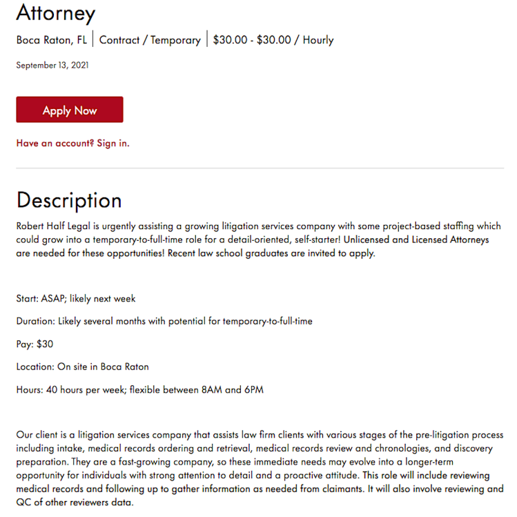 Sample Job ad for non-licensed J.D. Degree. Blue Marble University Law School